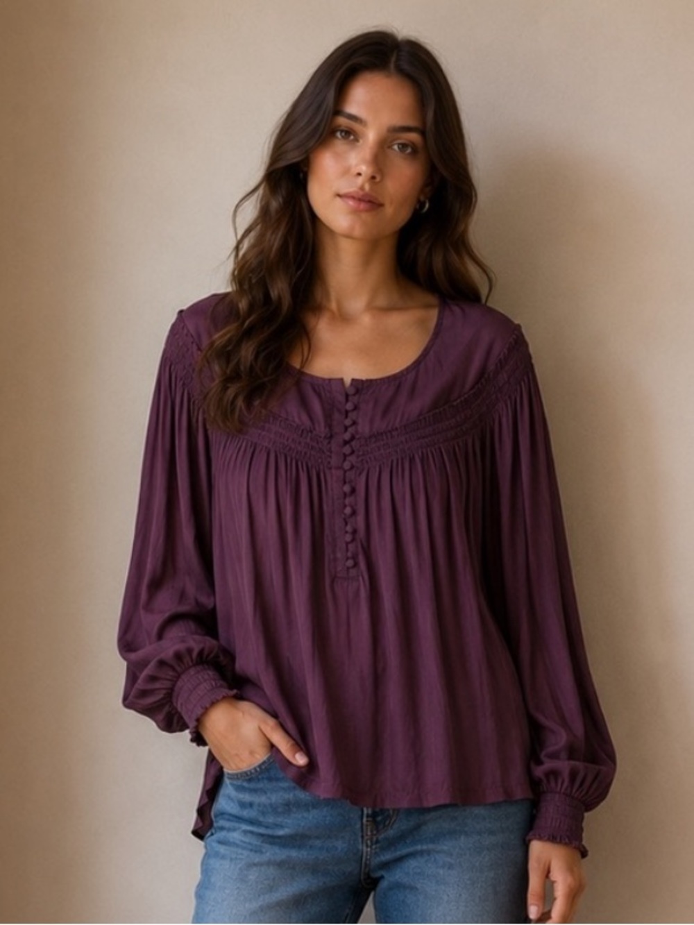 LOFT Boho Peasant Blouse in Deep Plum